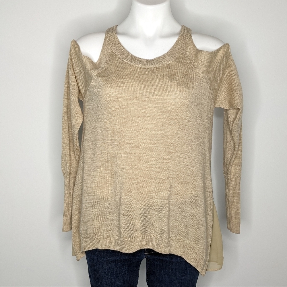 Ramy Brook tan cold shoulder long sleeve wool & silk zip accent sweater S